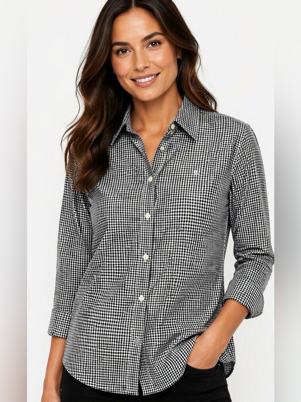 Lauren Ralph Lauren Black and White Gingham Button-Up Blouse
